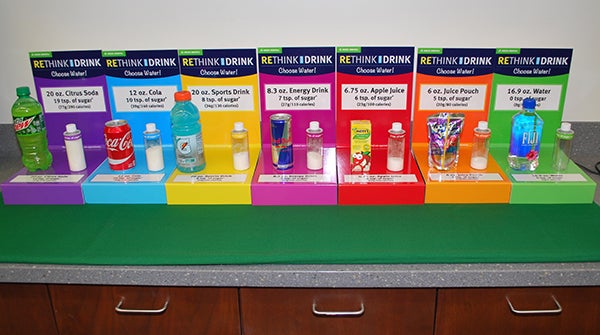 The Rethink Your Drink Toolkit urges people to replace high sugar/calorie drinks with water.