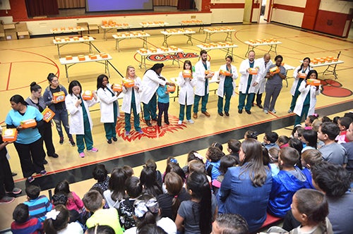 Students from the ECU School of Dental Medicine, UNC-Pembroke, and Fayetteville Technical Community College presented Lessons in a Lunch Box for 220 Prospect Elementary School students, teachers, and staff.