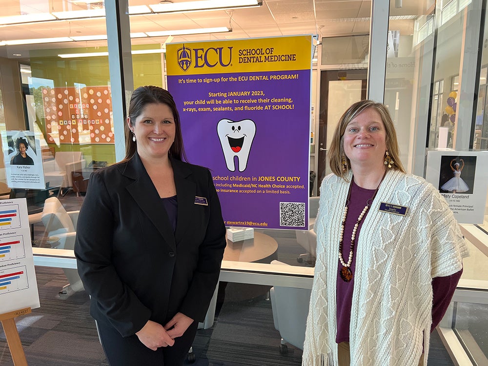 ECU dental hygienists Rachel Stewart and Jennifer Buck helped kick off the Jones County School-Based Oral Health Prevention Program in February at Trenton Elementary School.