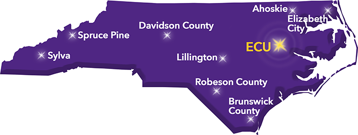 Center locations in Sylva, Spruce Pine, Davidson County, Lillington, Robeson County, Brunswick County, Ahoskie, and Elizabeth City