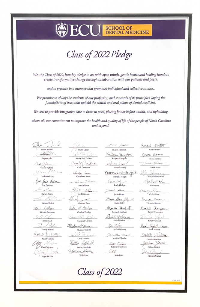 Students in the class will write their class pledge and read it publicly for the first time. This pledge reflects the professional aspirations and commitments of the Class of 2023. They will then sign this pledge when they graduate like the Class of 2020.