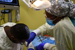 A dentist and a student work on a kid in a chair